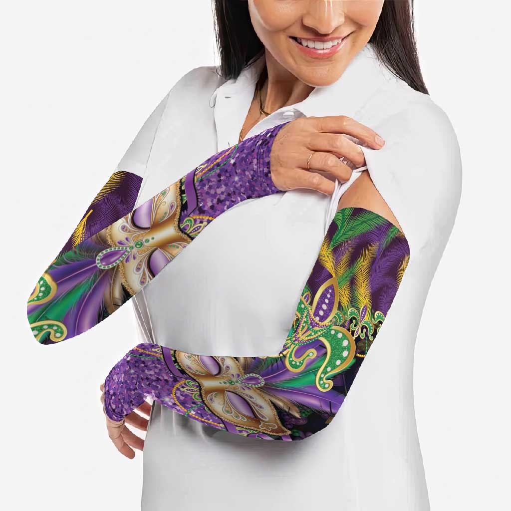 Fleur De Lis Mardi Gras Mask Arm Sleeves 504 NOLA Carnival Feathers Glitter Effect