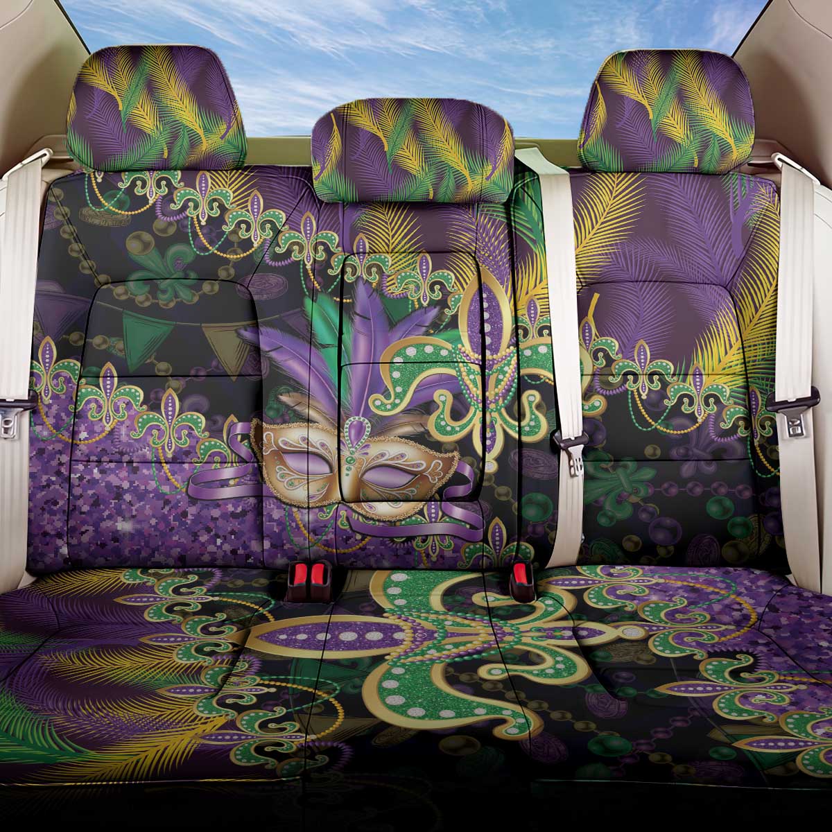 Fleur De Lis Mardi Gras Mask Back Car Seat Cover 504 NOLA Carnival Feathers Glitter Effect
