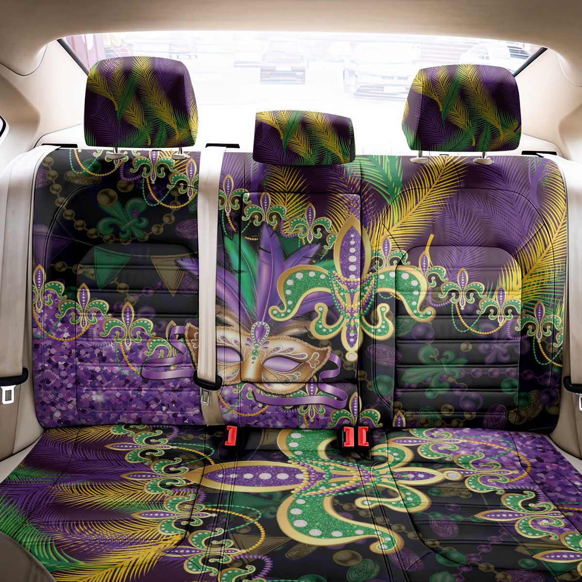 Fleur De Lis Mardi Gras Mask Back Car Seat Cover 504 NOLA Carnival Feathers Glitter Effect