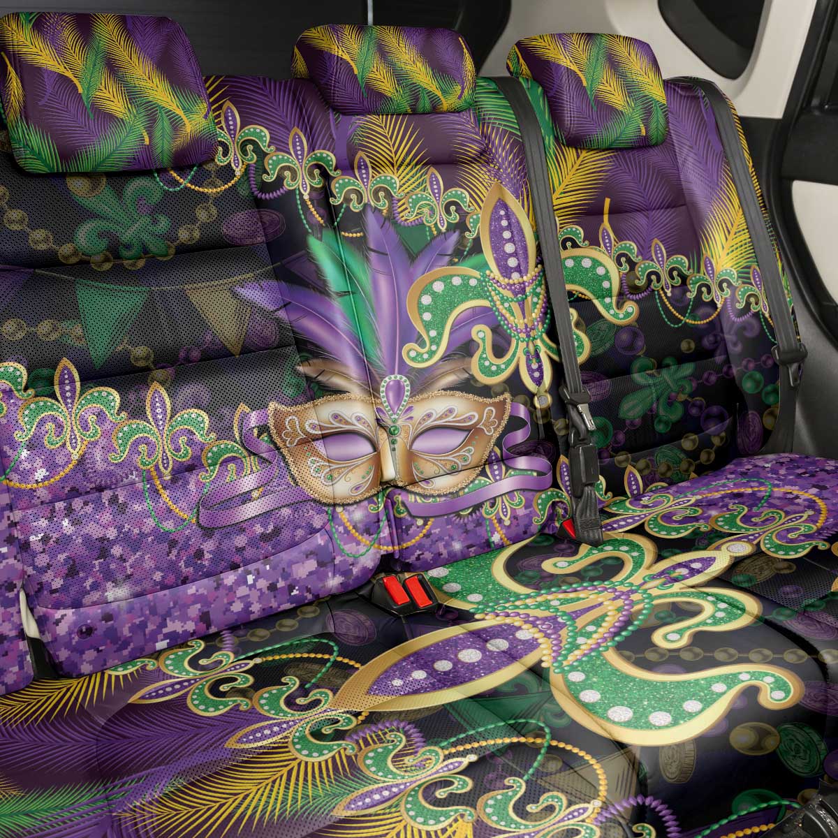 Fleur De Lis Mardi Gras Mask Back Car Seat Cover 504 NOLA Carnival Feathers Glitter Effect