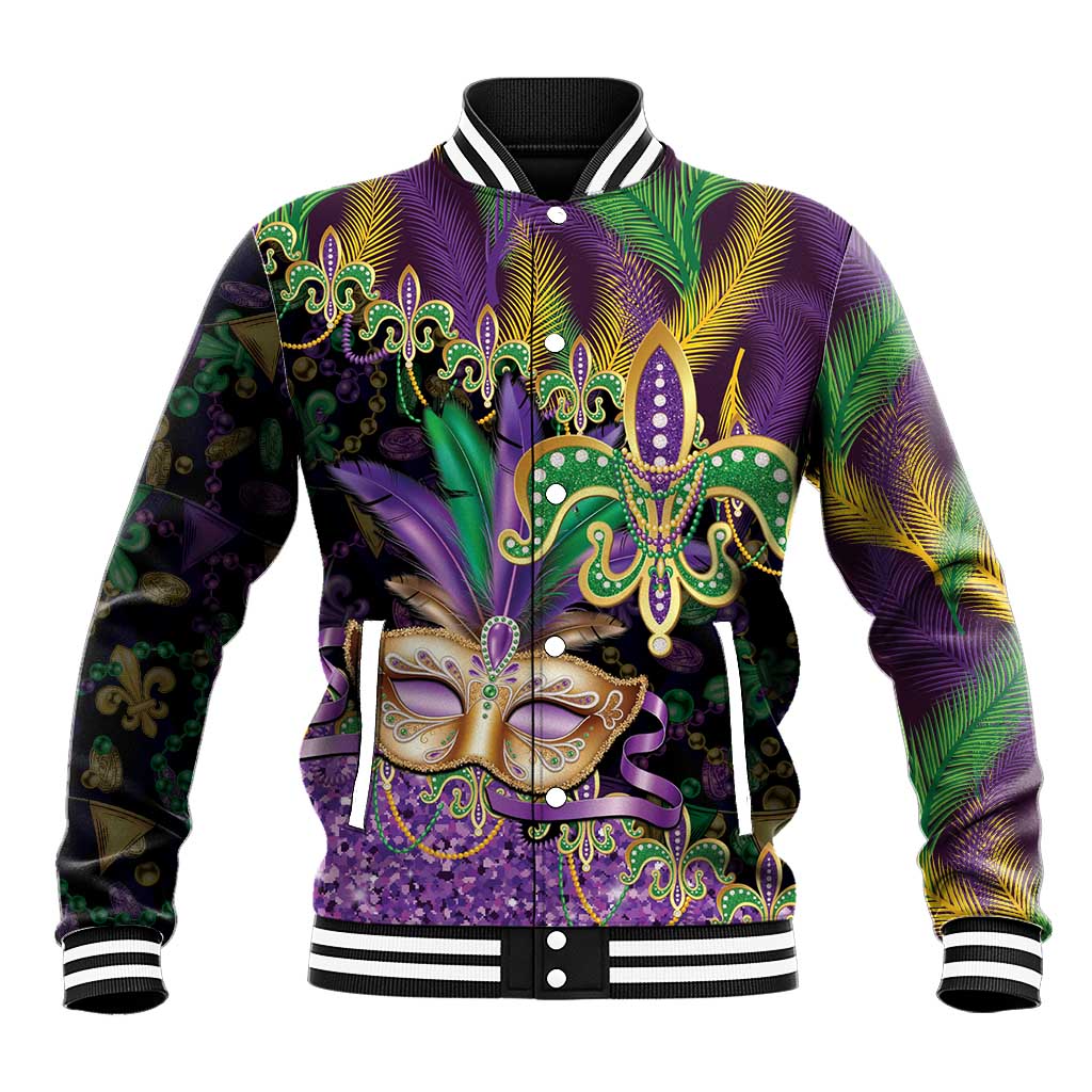Fleur De Lis Mardi Gras Mask Baseball Jacket 504 NOLA Carnival Feathers Glitter Effect