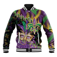 Fleur De Lis Mardi Gras Mask Baseball Jacket 504 NOLA Carnival Feathers Glitter Effect