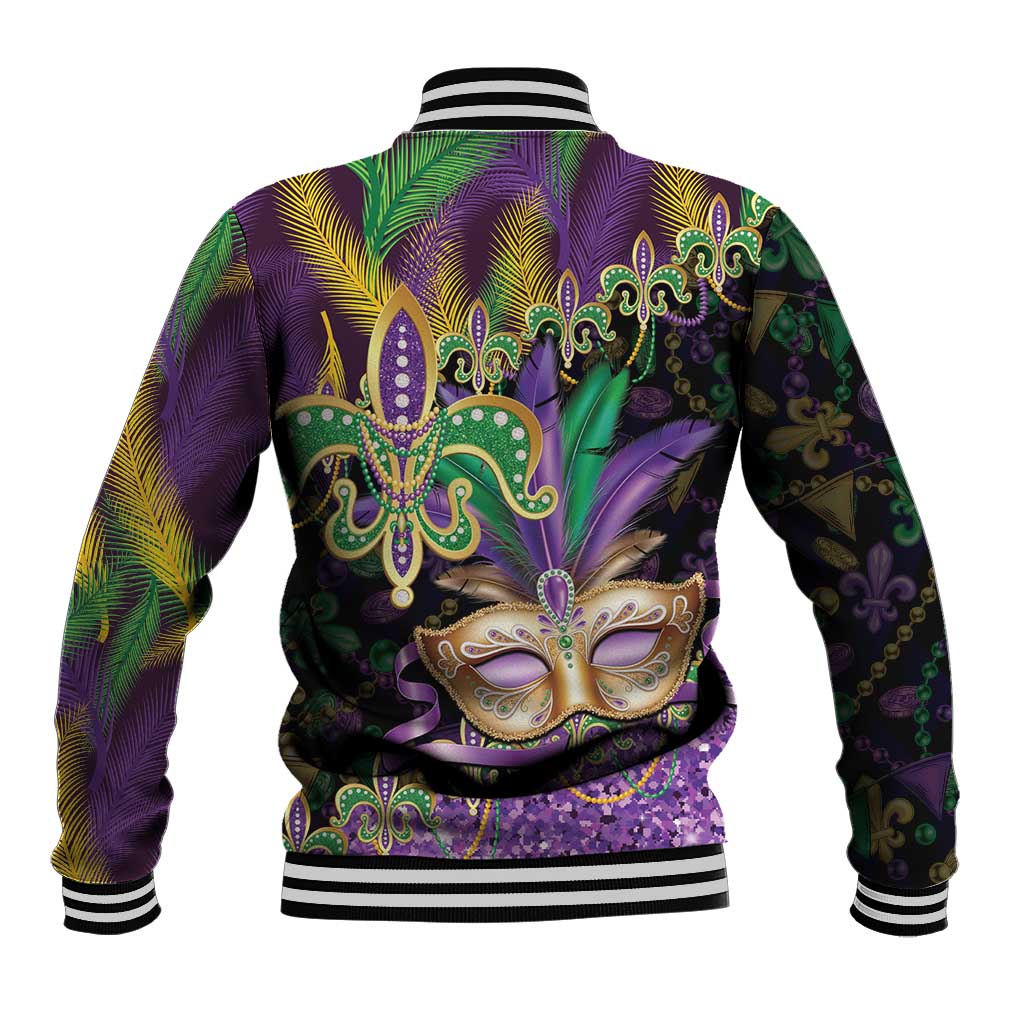 Fleur De Lis Mardi Gras Mask Baseball Jacket 504 NOLA Carnival Feathers Glitter Effect