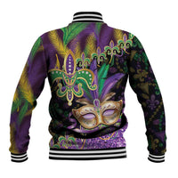 Fleur De Lis Mardi Gras Mask Baseball Jacket 504 NOLA Carnival Feathers Glitter Effect