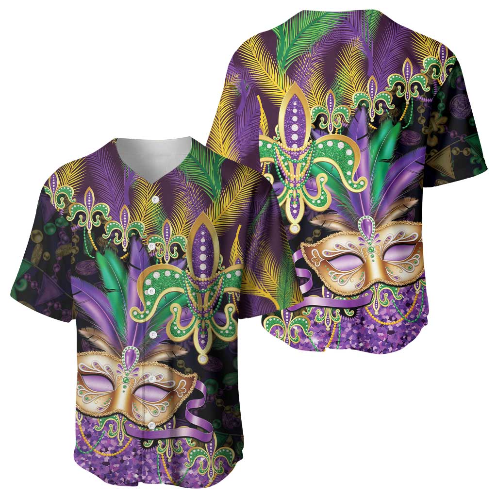Fleur De Lis Mardi Gras Mask Baseball Jersey 504 NOLA Carnival Feathers Glitter Effect