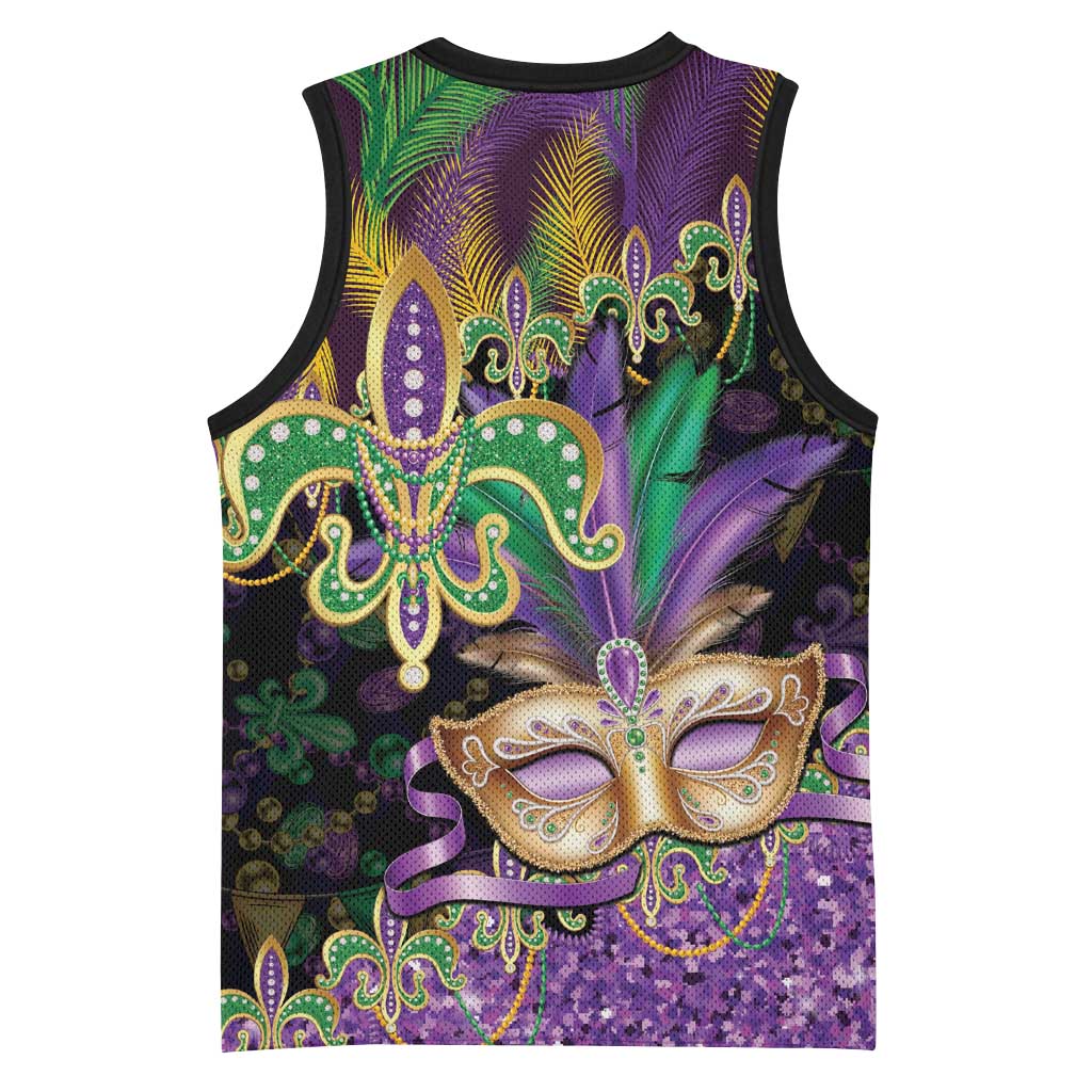 Fleur De Lis Mardi Gras Mask Basketball Jersey 504 NOLA Carnival Feathers Glitter Effect