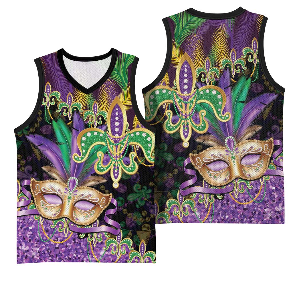 Fleur De Lis Mardi Gras Mask Basketball Jersey 504 NOLA Carnival Feathers Glitter Effect