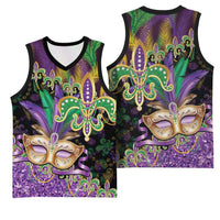 Fleur De Lis Mardi Gras Mask Basketball Jersey 504 NOLA Carnival Feathers Glitter Effect