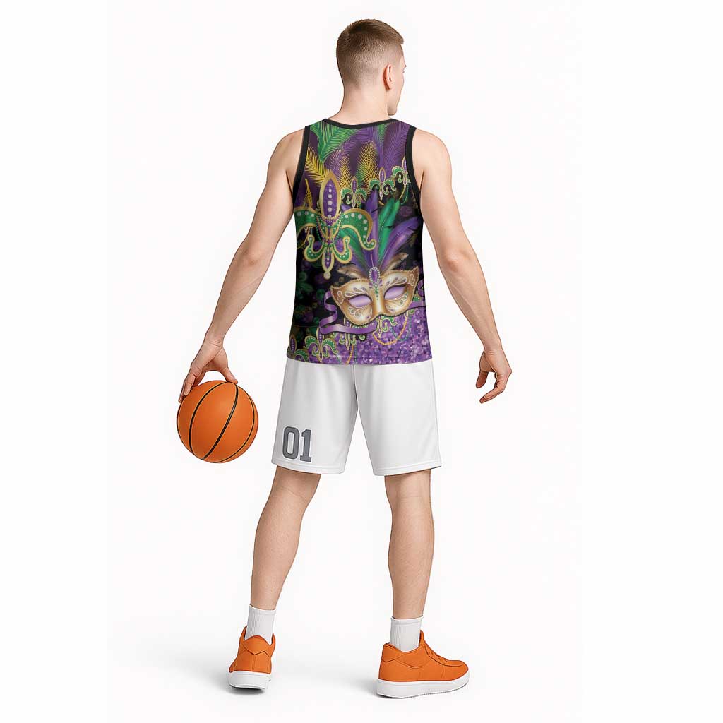 Fleur De Lis Mardi Gras Mask Basketball Jersey 504 NOLA Carnival Feathers Glitter Effect