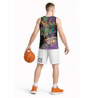 Fleur De Lis Mardi Gras Mask Basketball Jersey 504 NOLA Carnival Feathers Glitter Effect