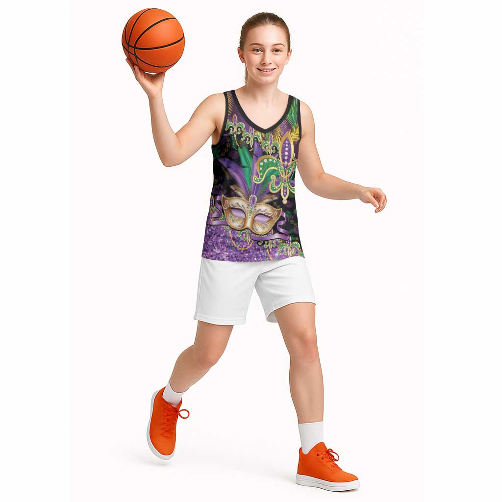 Fleur De Lis Mardi Gras Mask Basketball Jersey 504 NOLA Carnival Feathers Glitter Effect