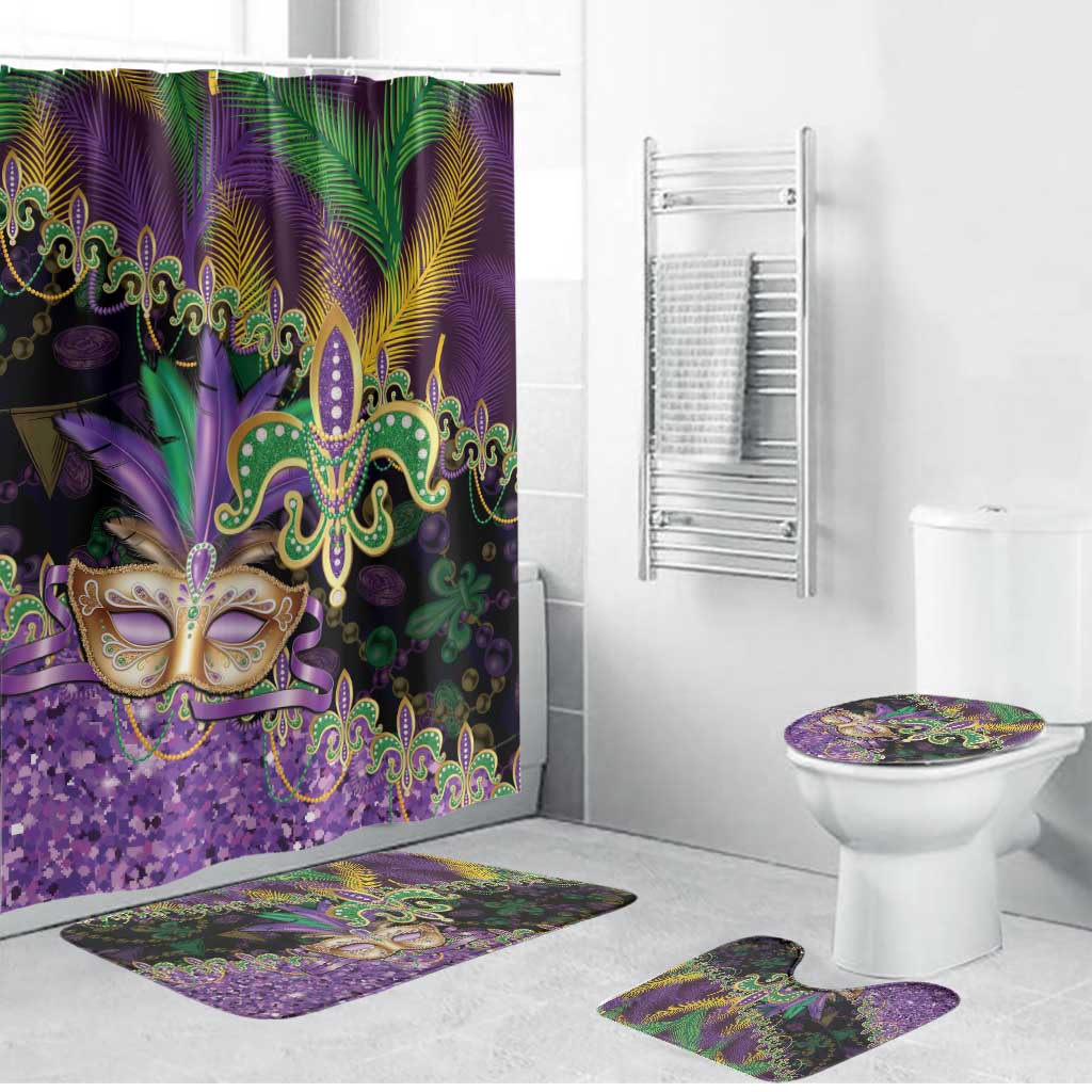Fleur De Lis Mardi Gras Mask Bathroom Set 504 NOLA Carnival Feathers Glitter Effect