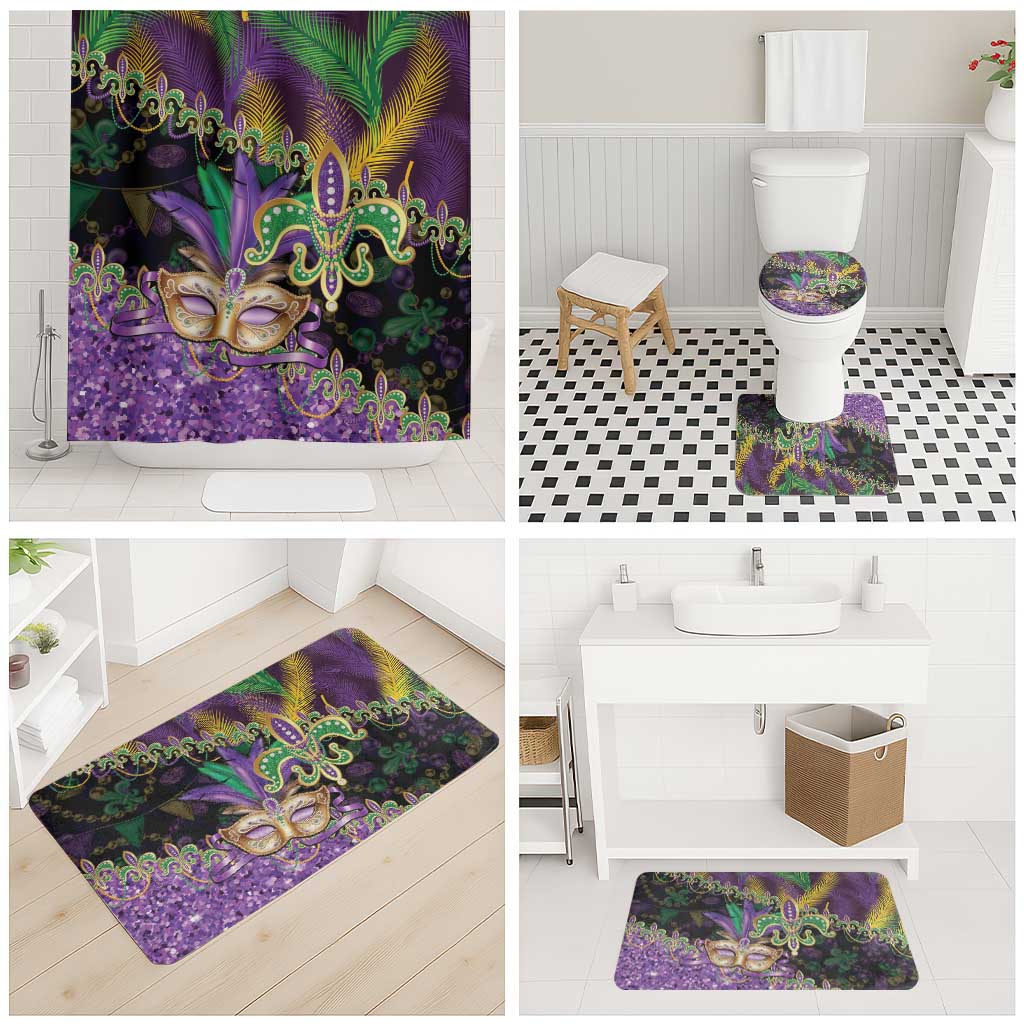 Fleur De Lis Mardi Gras Mask Bathroom Set 504 NOLA Carnival Feathers Glitter Effect