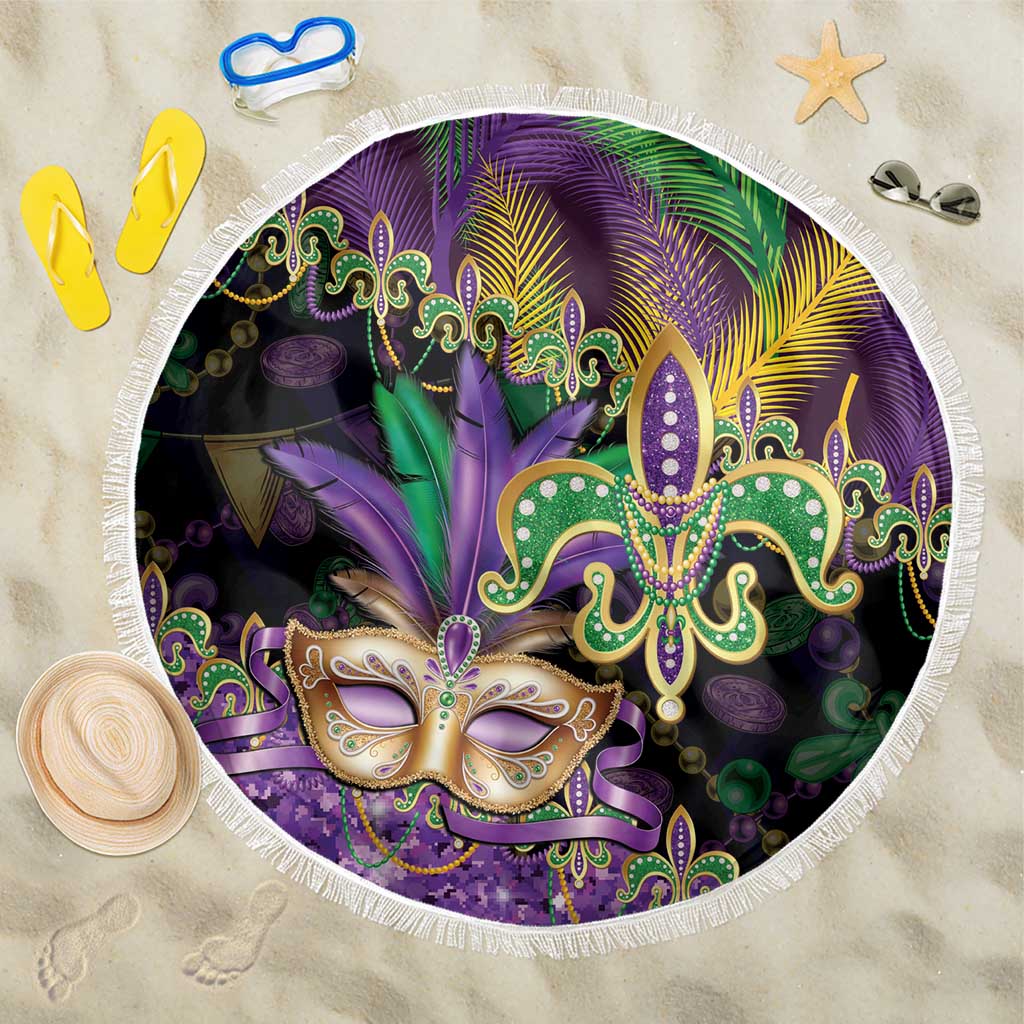 Fleur De Lis Mardi Gras Mask Beach Blanket 504 NOLA Carnival Feathers Glitter Effect