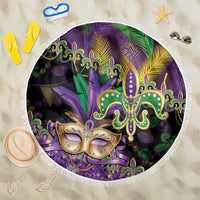 Fleur De Lis Mardi Gras Mask Beach Blanket 504 NOLA Carnival Feathers Glitter Effect