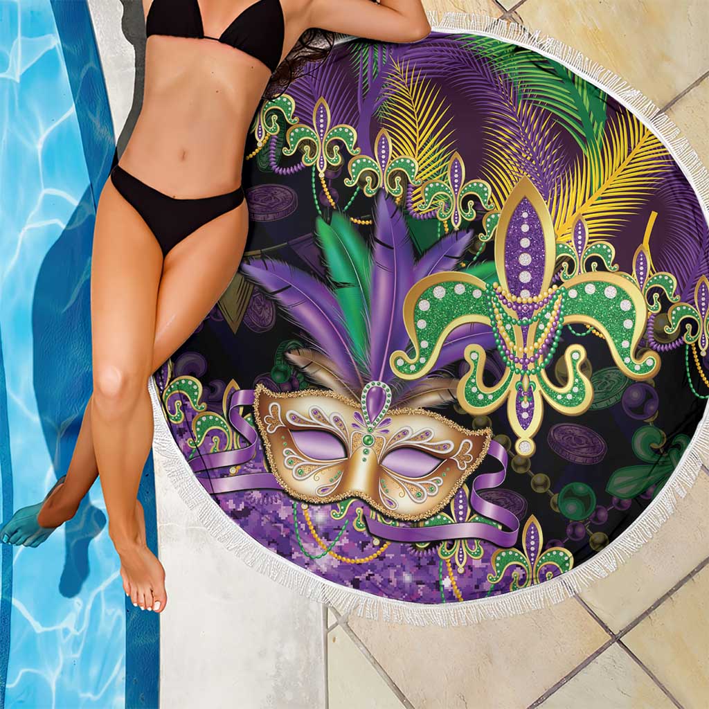 Fleur De Lis Mardi Gras Mask Beach Blanket 504 NOLA Carnival Feathers Glitter Effect