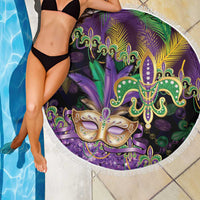 Fleur De Lis Mardi Gras Mask Beach Blanket 504 NOLA Carnival Feathers Glitter Effect
