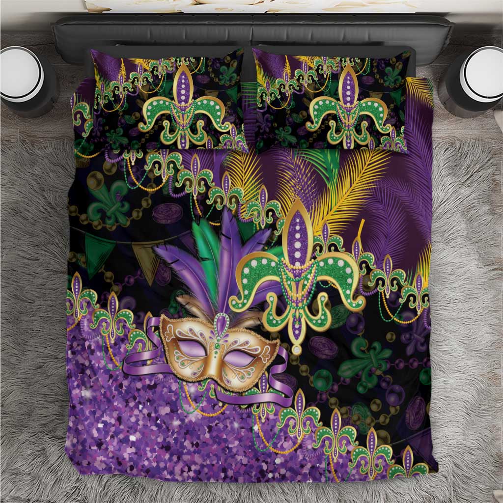 Fleur De Lis Mardi Gras Mask Bedding Set 504 NOLA Carnival Feathers Glitter Effect