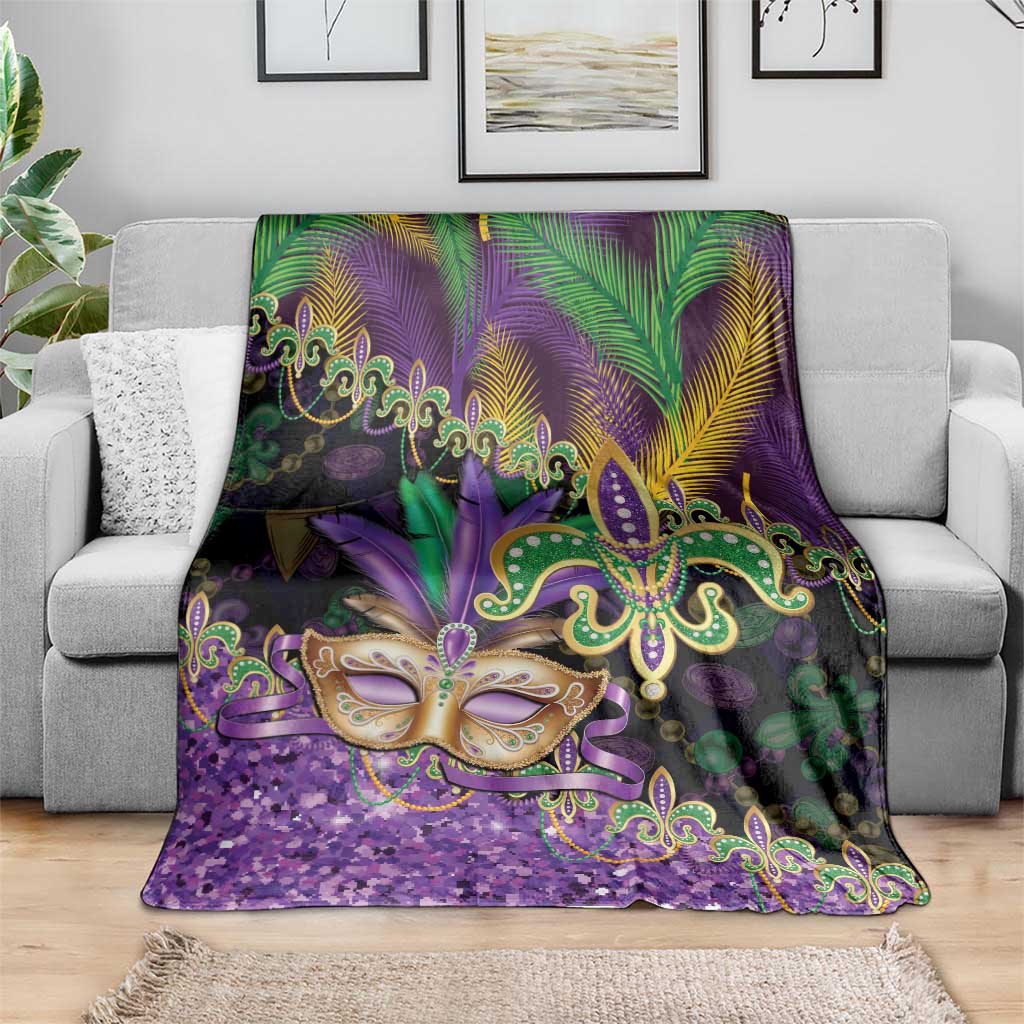 Fleur De Lis Mardi Gras Mask Blanket 504 NOLA Carnival Feathers Glitter Effect