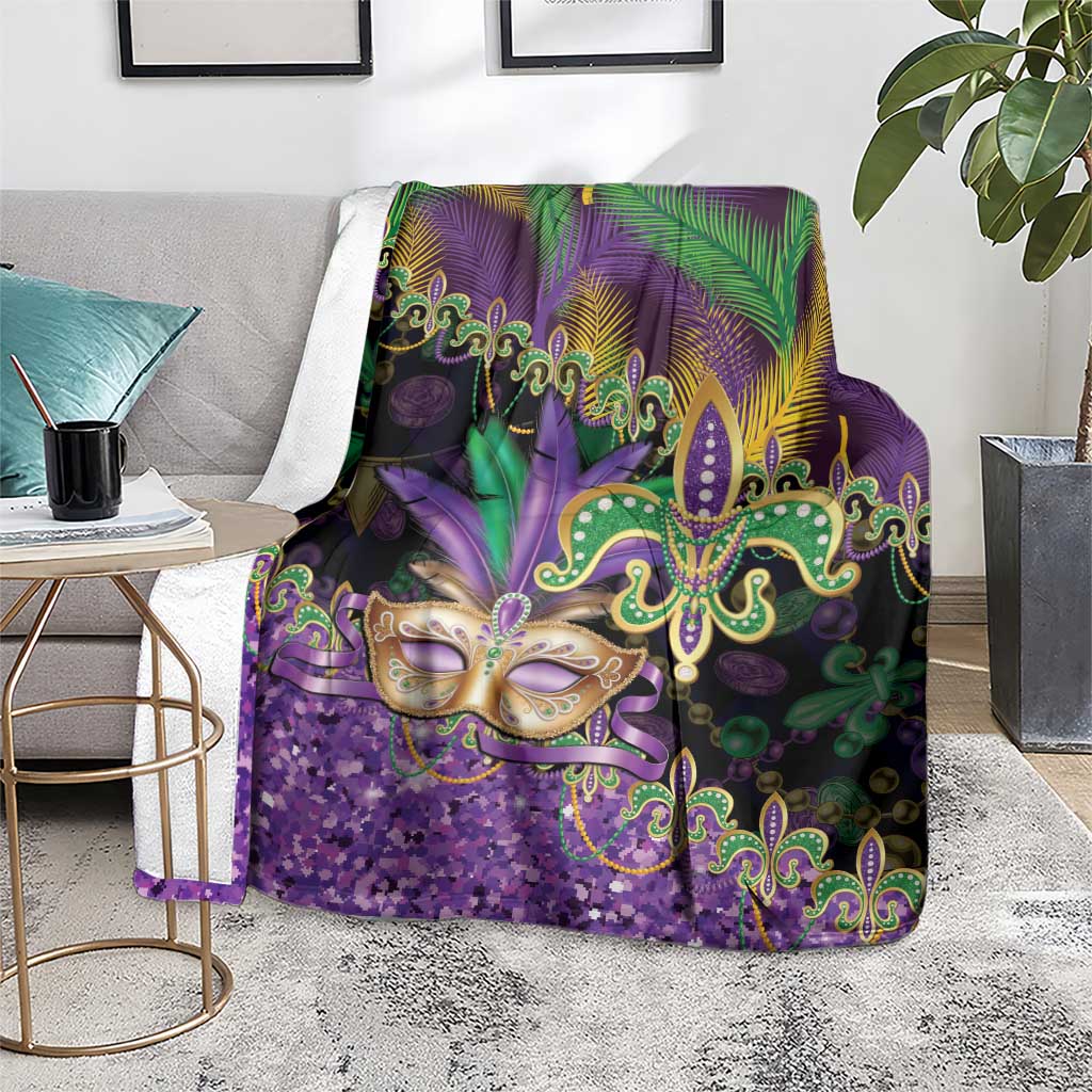 Fleur De Lis Mardi Gras Mask Blanket 504 NOLA Carnival Feathers Glitter Effect