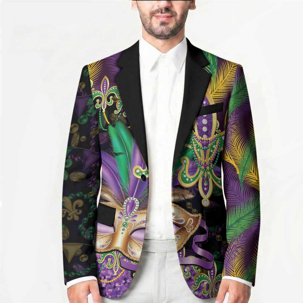 Fleur De Lis Mardi Gras Mask Blazer 504 NOLA Carnival Feathers Glitter Effect