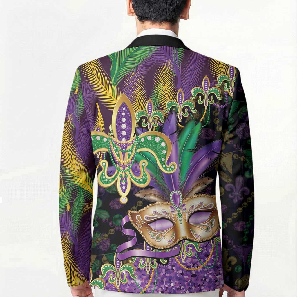 Fleur De Lis Mardi Gras Mask Blazer 504 NOLA Carnival Feathers Glitter Effect