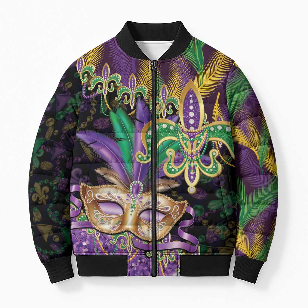 Fleur De Lis Mardi Gras Mask Bomber Puffer Jacket 504 NOLA Carnival Feathers Glitter Effect