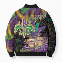 Fleur De Lis Mardi Gras Mask Bomber Puffer Jacket 504 NOLA Carnival Feathers Glitter Effect