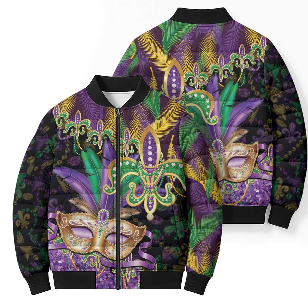 Fleur De Lis Mardi Gras Mask Bomber Puffer Jacket 504 NOLA Carnival Feathers Glitter Effect