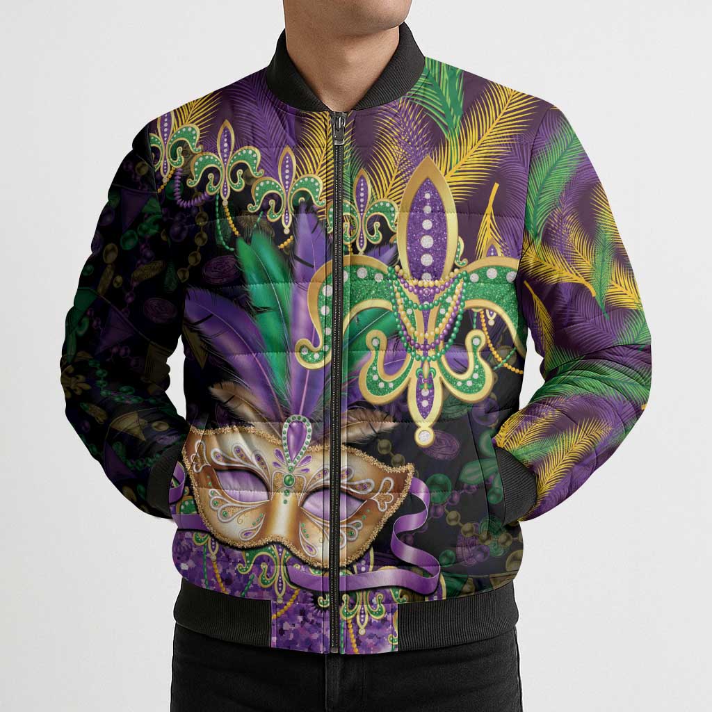 Fleur De Lis Mardi Gras Mask Bomber Puffer Jacket 504 NOLA Carnival Feathers Glitter Effect