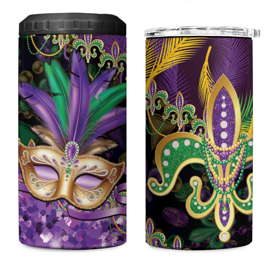 Fleur De Lis Mardi Gras Mask 4 in 1 Can Cooler Tumbler 504 NOLA Carnival Feathers Glitter Effect