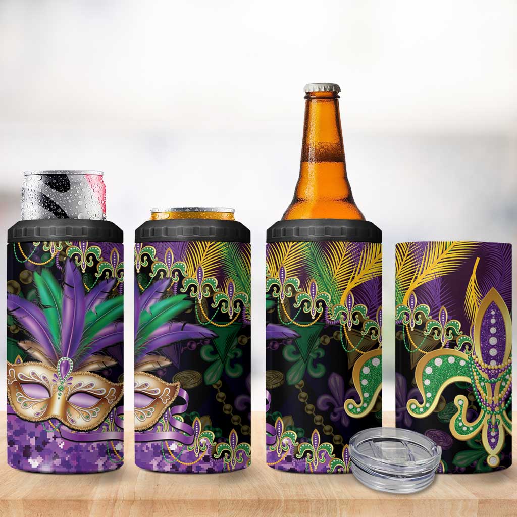 Fleur De Lis Mardi Gras Mask 4 in 1 Can Cooler Tumbler 504 NOLA Carnival Feathers Glitter Effect