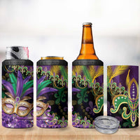 Fleur De Lis Mardi Gras Mask 4 in 1 Can Cooler Tumbler 504 NOLA Carnival Feathers Glitter Effect