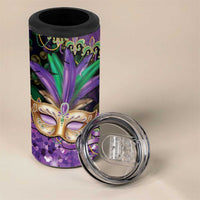Fleur De Lis Mardi Gras Mask 4 in 1 Can Cooler Tumbler 504 NOLA Carnival Feathers Glitter Effect