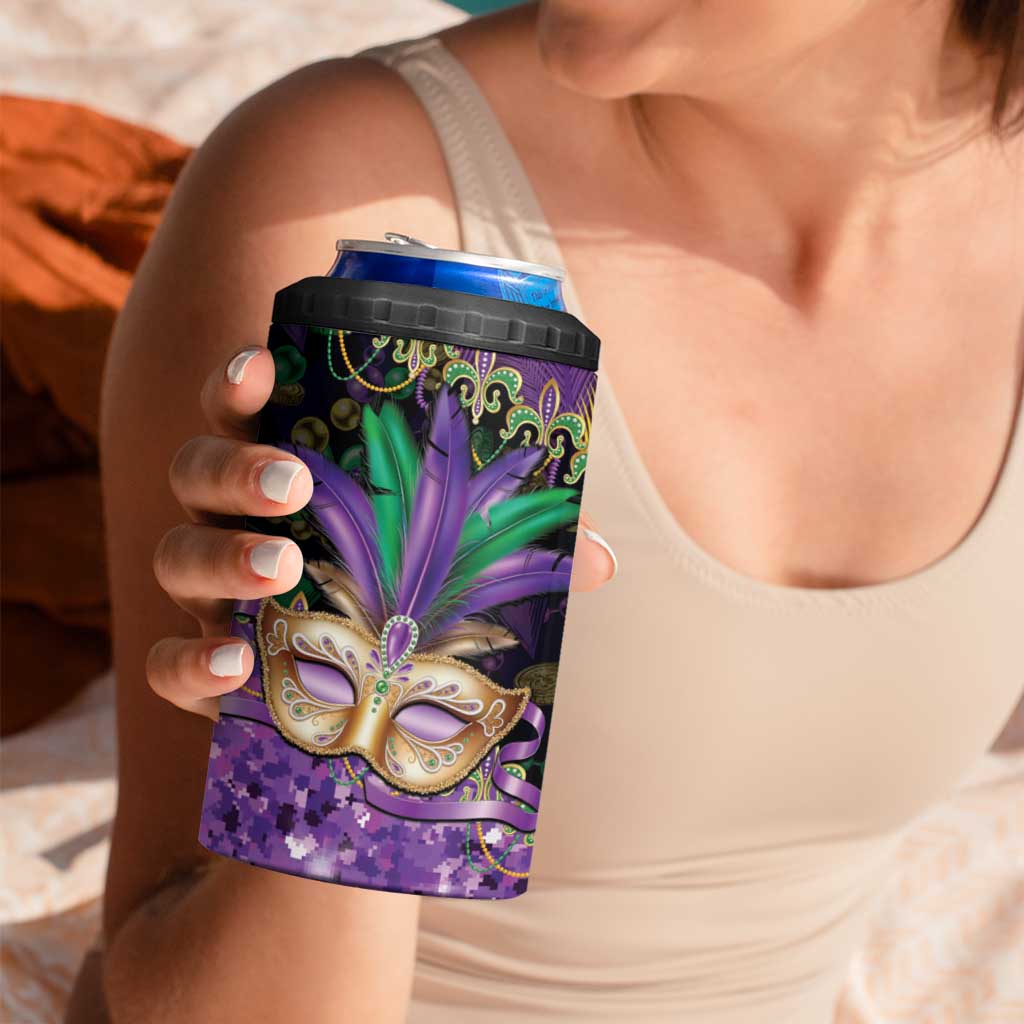 Fleur De Lis Mardi Gras Mask 4 in 1 Can Cooler Tumbler 504 NOLA Carnival Feathers Glitter Effect
