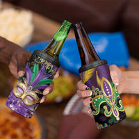 Fleur De Lis Mardi Gras Mask 4 in 1 Can Cooler Tumbler 504 NOLA Carnival Feathers Glitter Effect