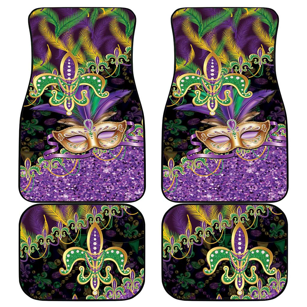 Fleur De Lis Mardi Gras Mask Car Mats 504 NOLA Carnival Feathers Glitter Effect