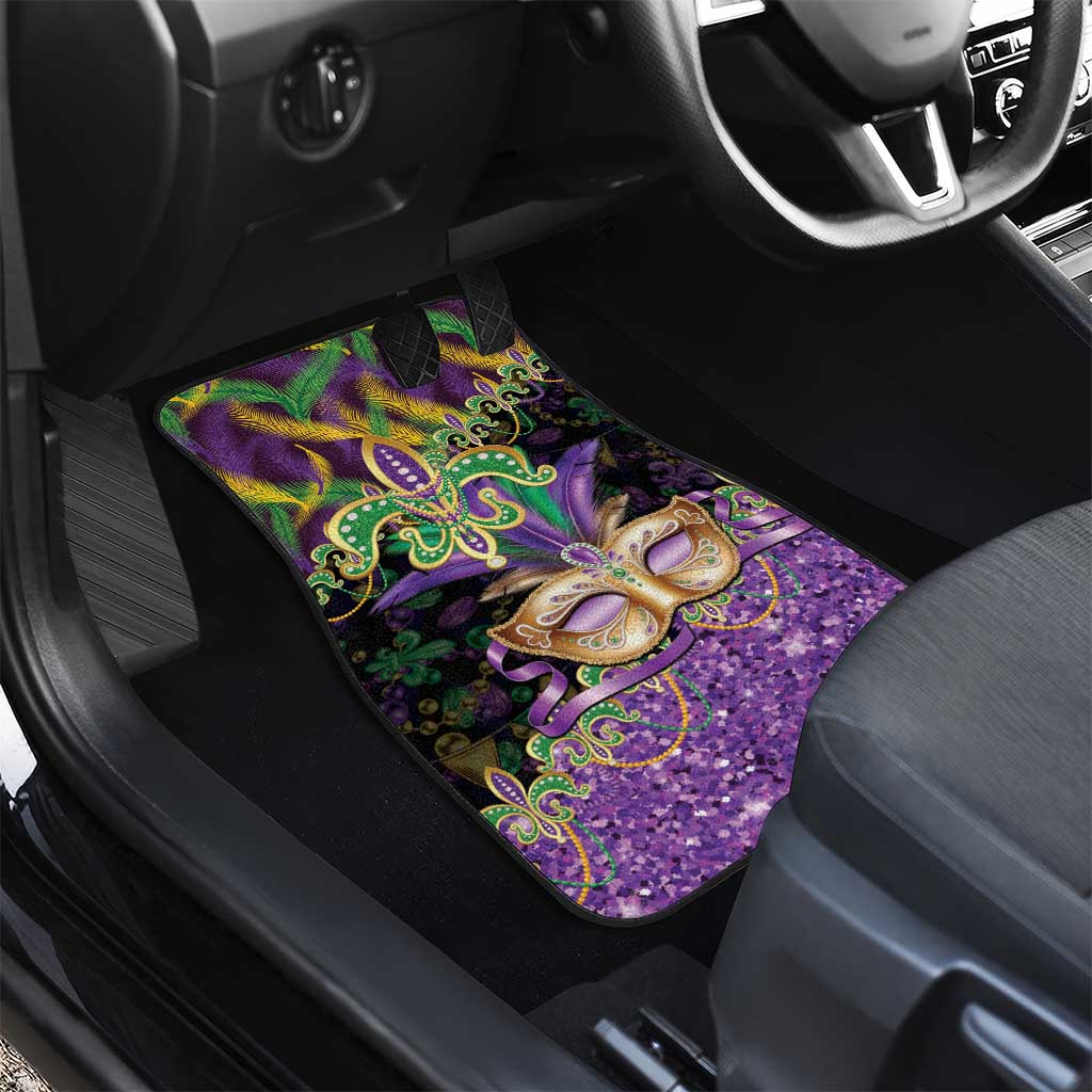 Fleur De Lis Mardi Gras Mask Car Mats 504 NOLA Carnival Feathers Glitter Effect