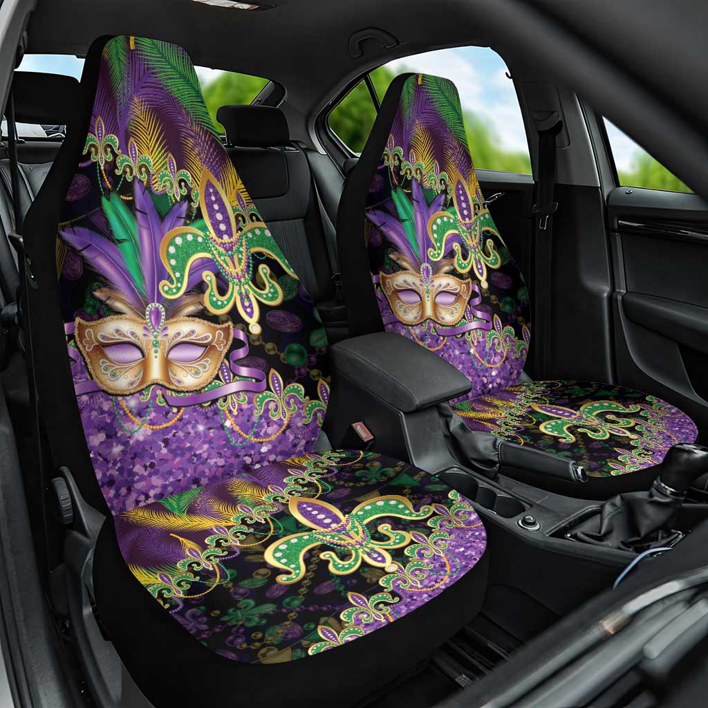 Fleur De Lis Mardi Gras Mask Car Seat Cover 504 NOLA Carnival Feathers Glitter Effect