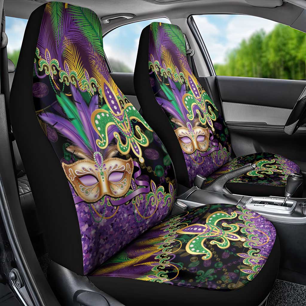 Fleur De Lis Mardi Gras Mask Car Seat Cover 504 NOLA Carnival Feathers Glitter Effect