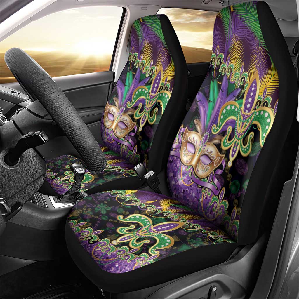 Fleur De Lis Mardi Gras Mask Car Seat Cover 504 NOLA Carnival Feathers Glitter Effect