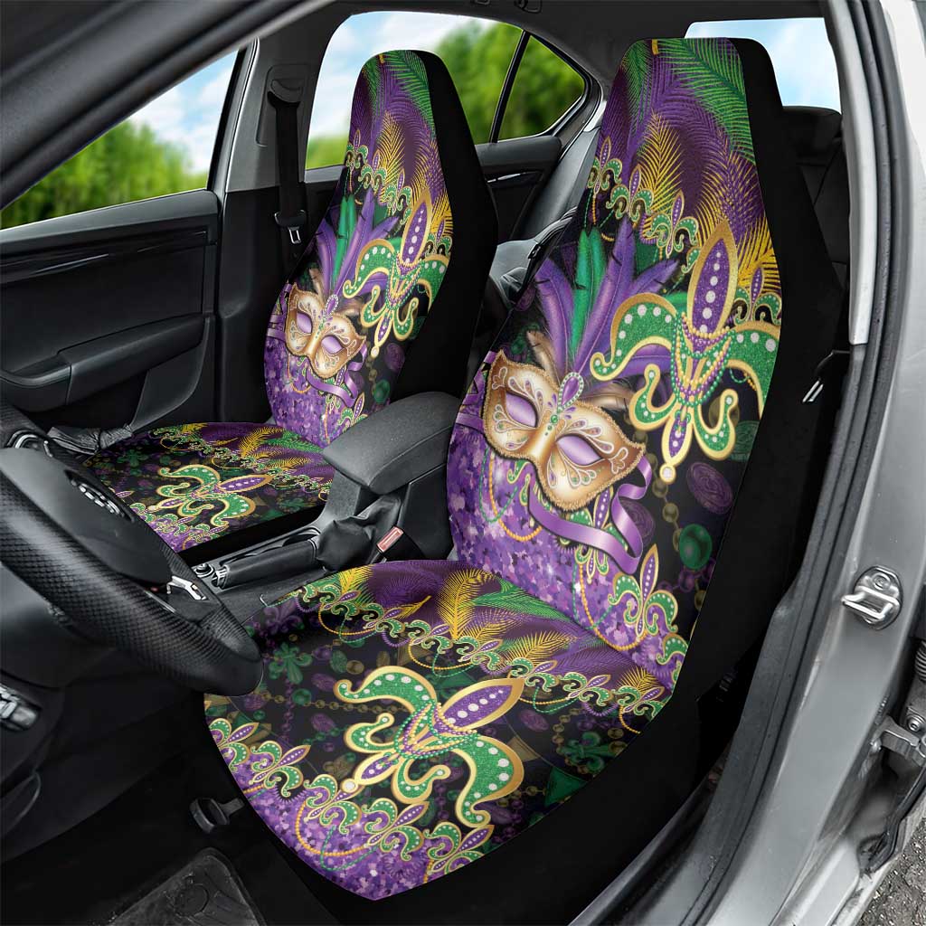 Fleur De Lis Mardi Gras Mask Car Seat Cover 504 NOLA Carnival Feathers Glitter Effect