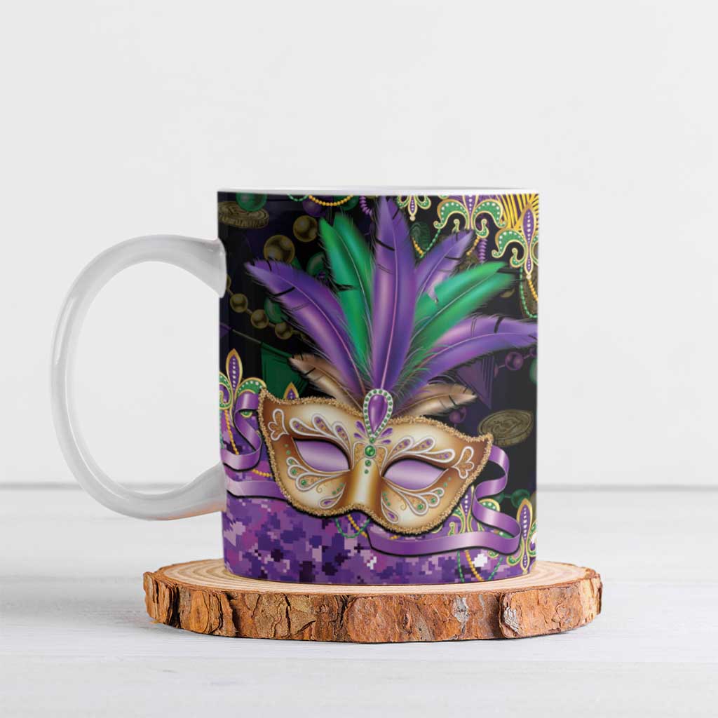 Fleur De Lis Mardi Gras Mask Ceramic Mug 504 NOLA Carnival Feathers Glitter Effect
