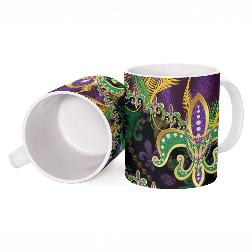 Fleur De Lis Mardi Gras Mask Ceramic Mug 504 NOLA Carnival Feathers Glitter Effect