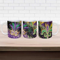 Fleur De Lis Mardi Gras Mask Ceramic Mug 504 NOLA Carnival Feathers Glitter Effect