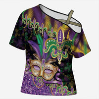 Fleur De Lis Mardi Gras Mask Cross Shoulder Shirt 504 NOLA Carnival Feathers Glitter Effect