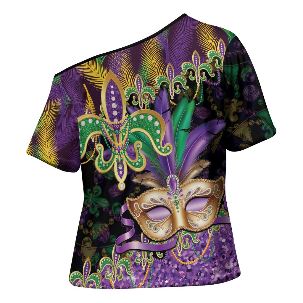 Fleur De Lis Mardi Gras Mask Cross Shoulder Shirt 504 NOLA Carnival Feathers Glitter Effect