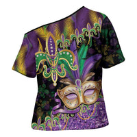 Fleur De Lis Mardi Gras Mask Cross Shoulder Shirt 504 NOLA Carnival Feathers Glitter Effect
