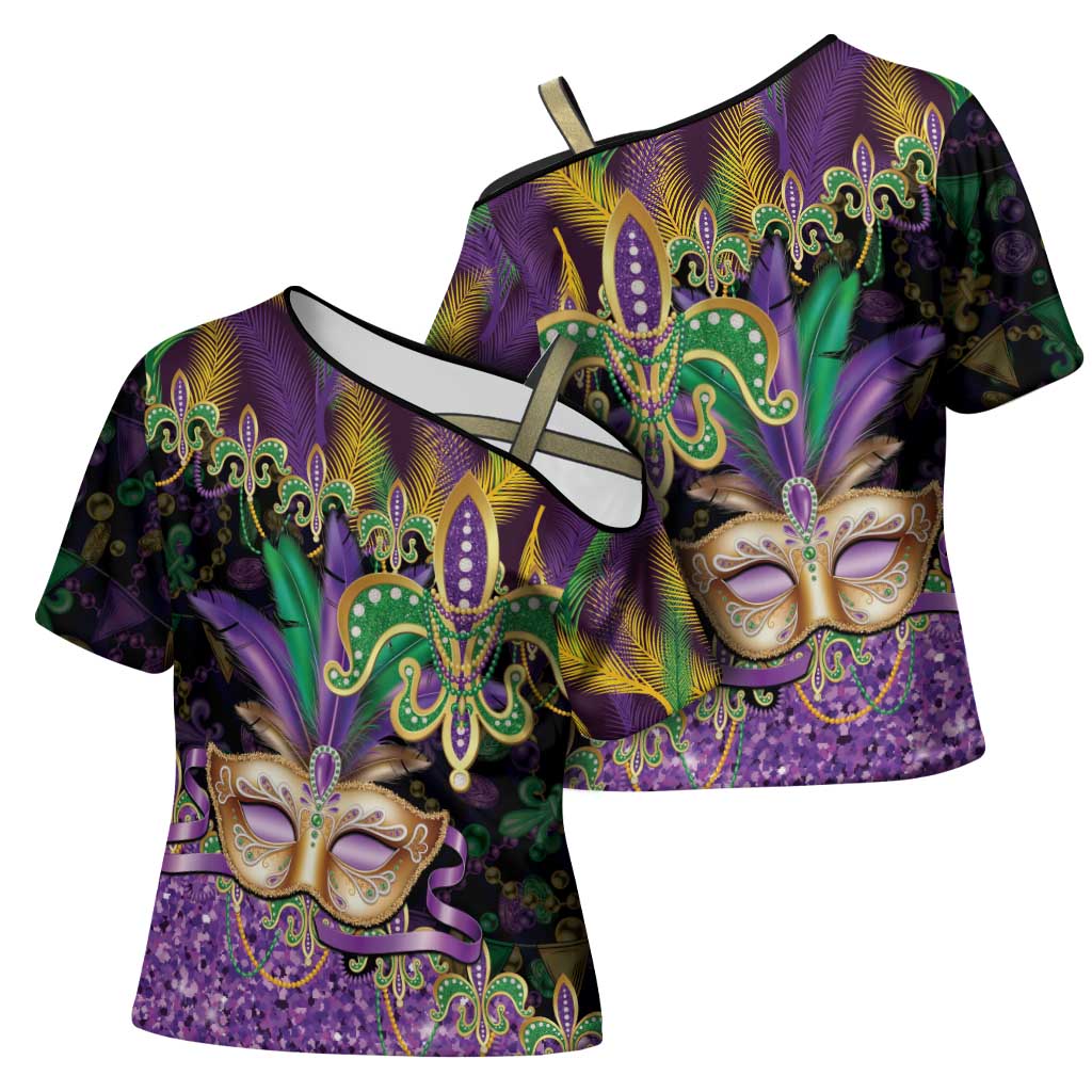 Fleur De Lis Mardi Gras Mask Cross Shoulder Shirt 504 NOLA Carnival Feathers Glitter Effect