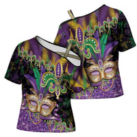 Fleur De Lis Mardi Gras Mask Cross Shoulder Shirt 504 NOLA Carnival Feathers Glitter Effect